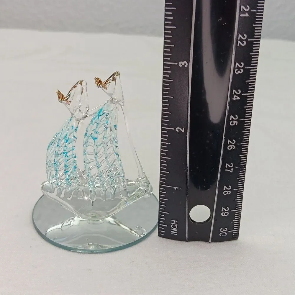 Vintage Spun Glass Ornament Ship 24K Gold Plated Mirror Base